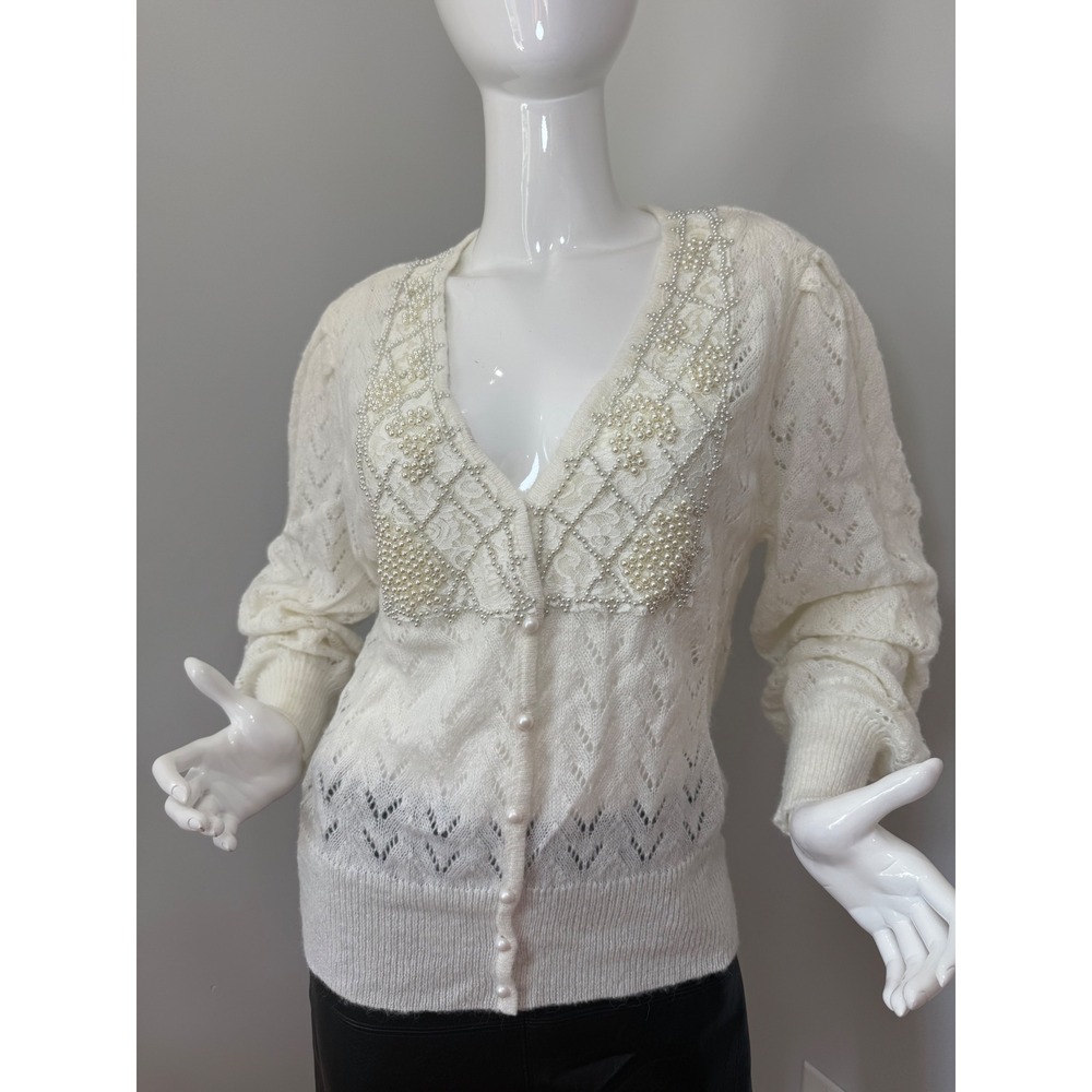 Commense Pearl Embellished Cardigan Sweater,‎ Elegant Knitwear,  Off White M - Picture 6 of 9